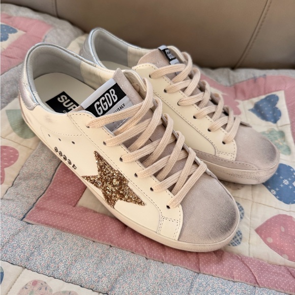 Golden Goose Shoes - Golden Goose Women's Cream Sneakers with Gold Glitter Star and Silver Heel